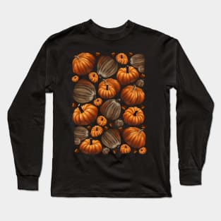 Autumn Pattern with chestnuts, pumpkinsin retro watercolor style, color autumn, orange, green, purple, yellow and Brown Long Sleeve T-Shirt